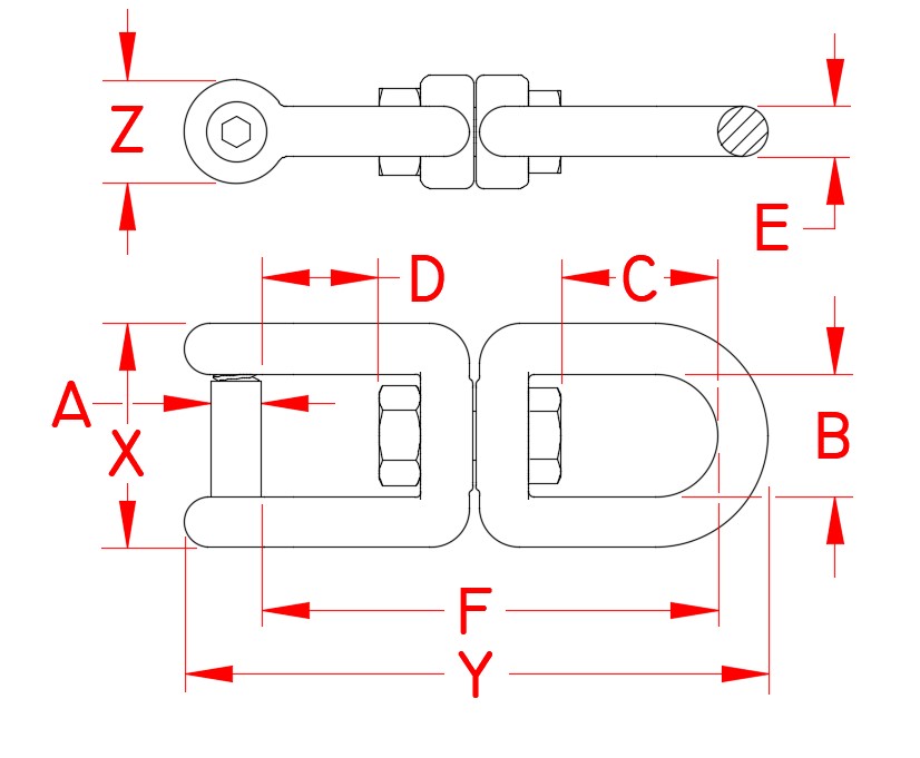 Stainless Steel Eye & Jaw Swivel with No Snag Pin, S0155-NS06, S0155-NS08, Line Drawing
